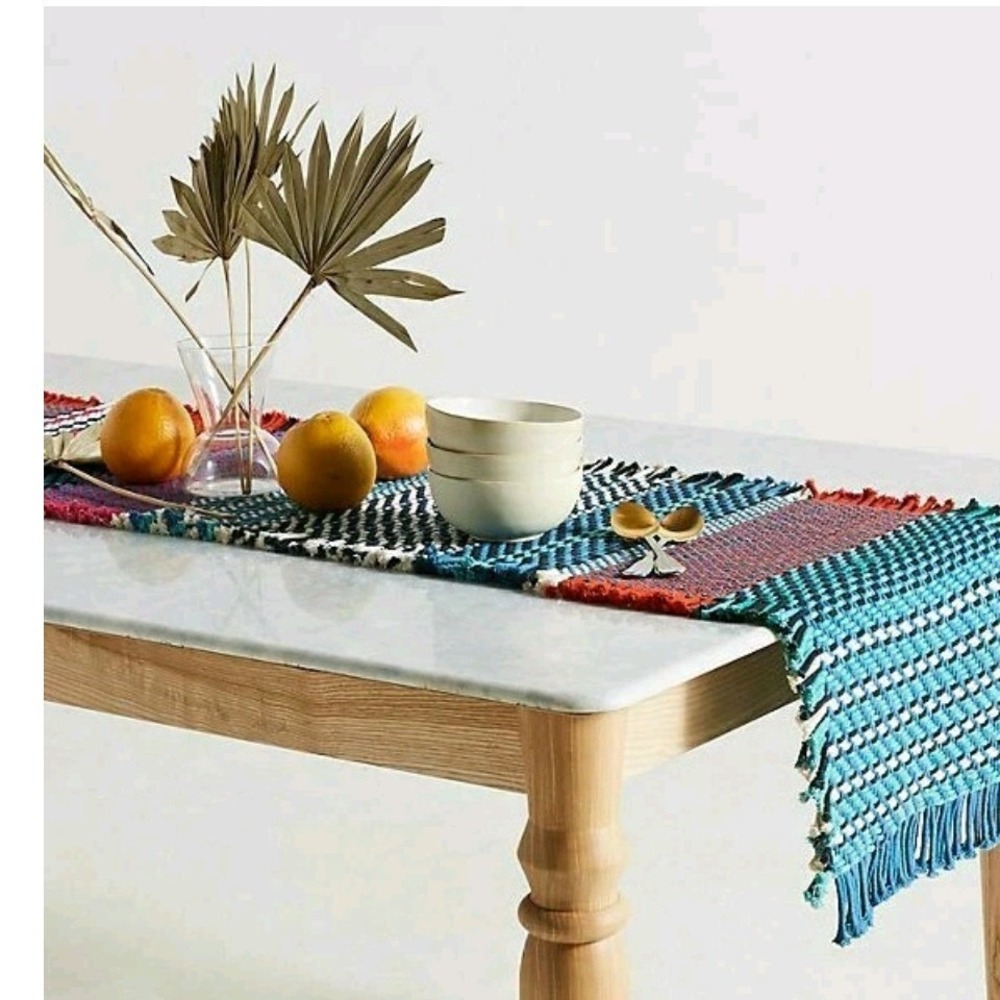Anthropologie Bon Stripes Woven Table Runner Multicolor Cotton Fringe 16x90 Boho